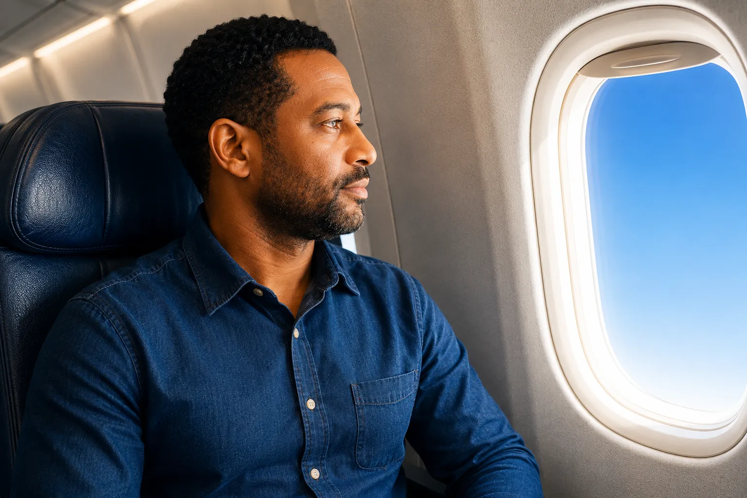 Daniel looking out of the airplane window